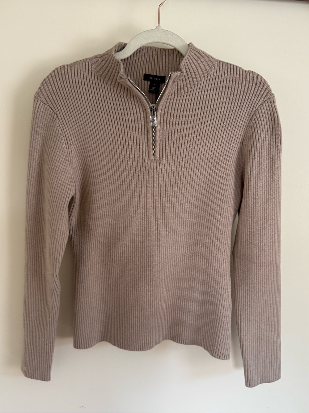 NWT Halogen Beige Tan Capsule Minimalist Long Sleeve Blouse Sweater with Zip